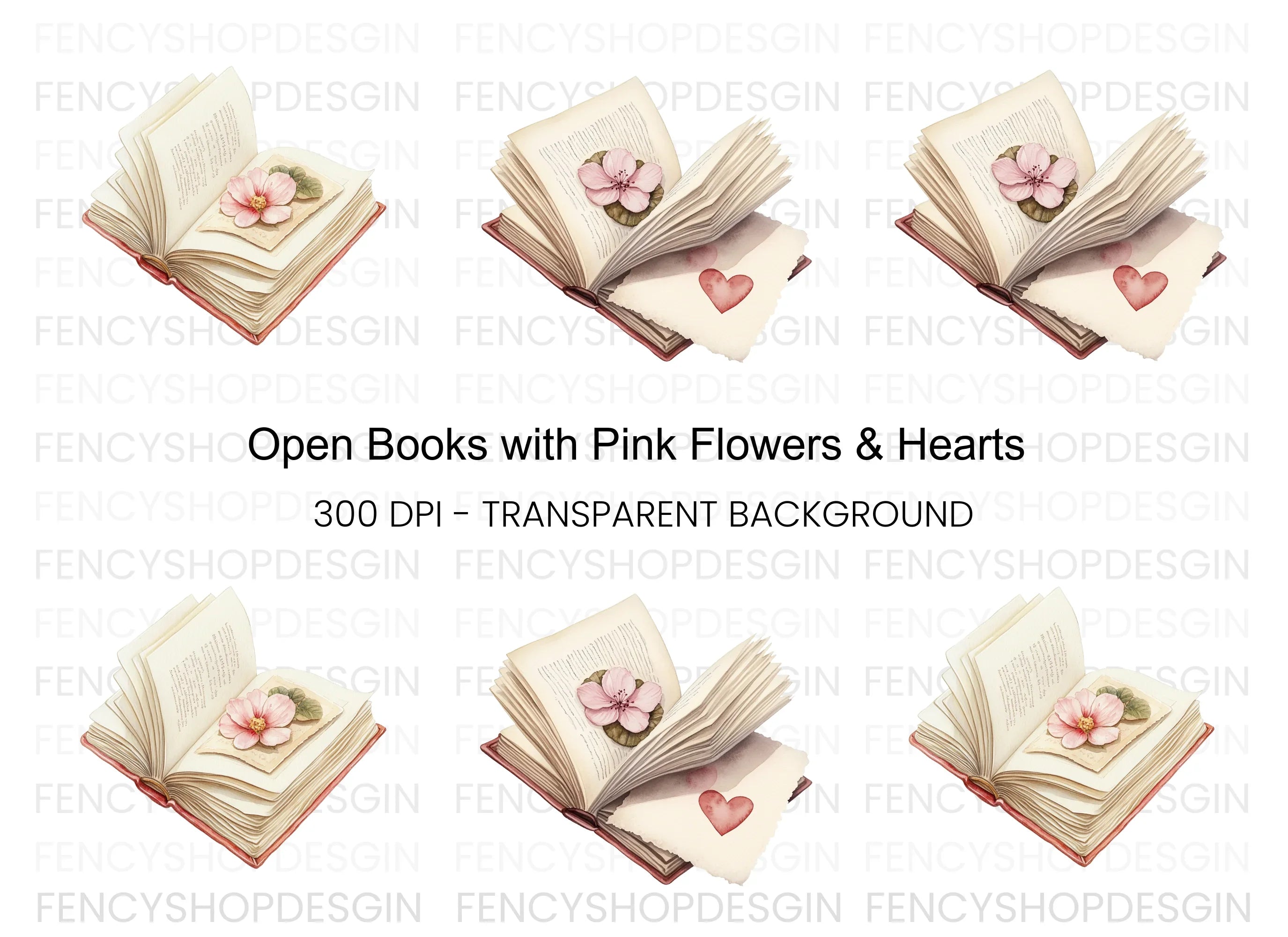 Open Books with Flowers and Hearts Clipart Bundle