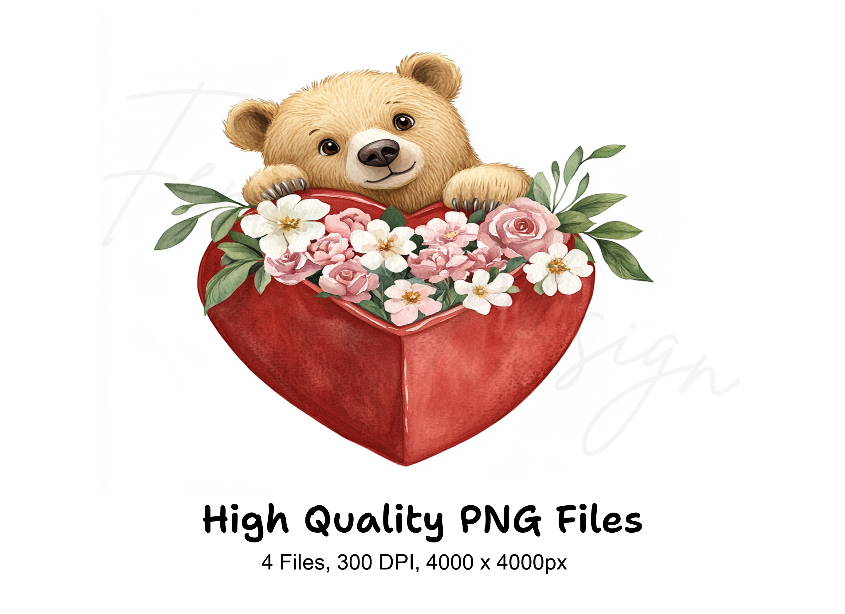 Cute Bear in Heart with Flowers Clipart Bundle