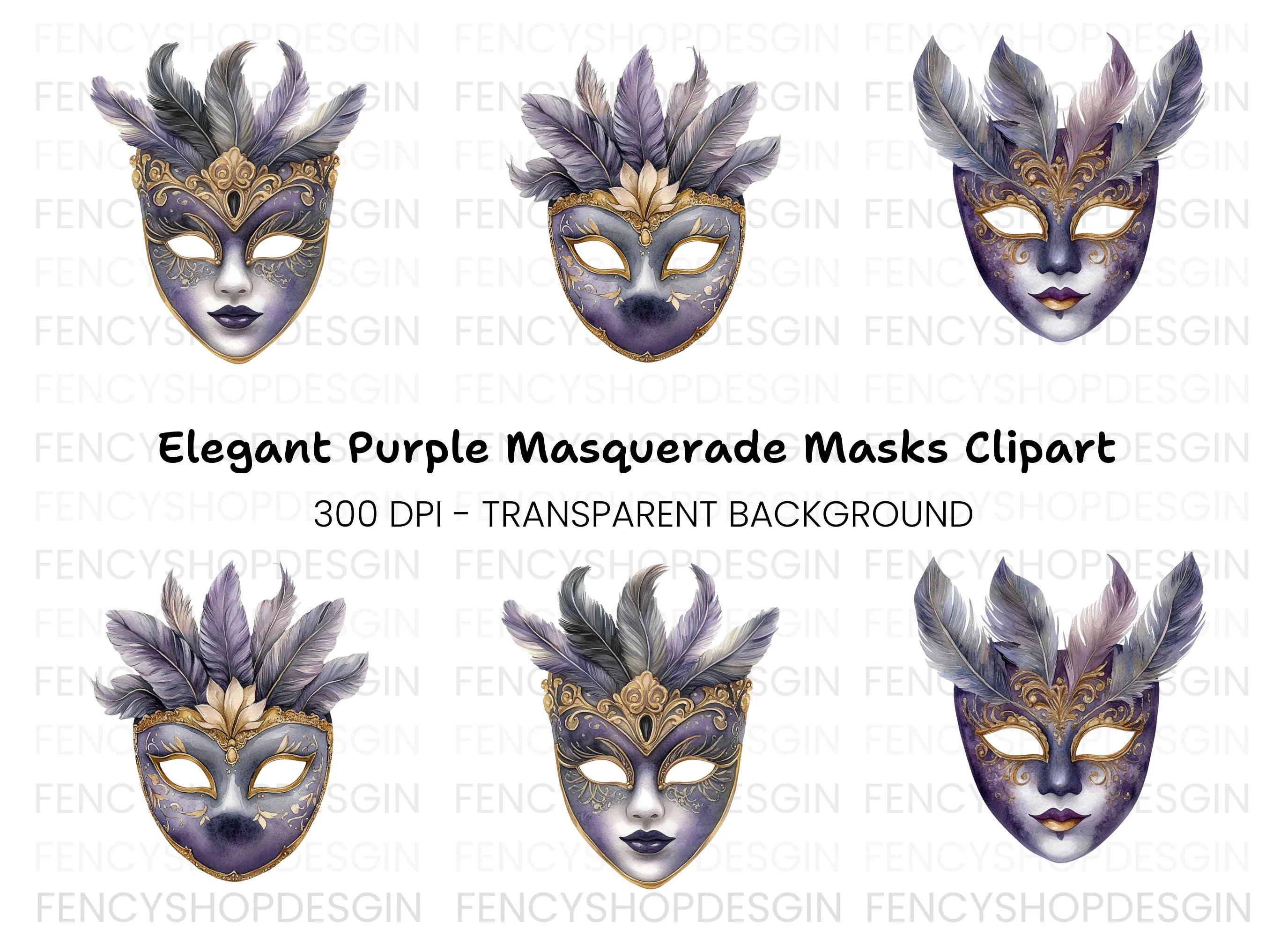 Ornate Purple Masquerade Masks Clipart Bundle