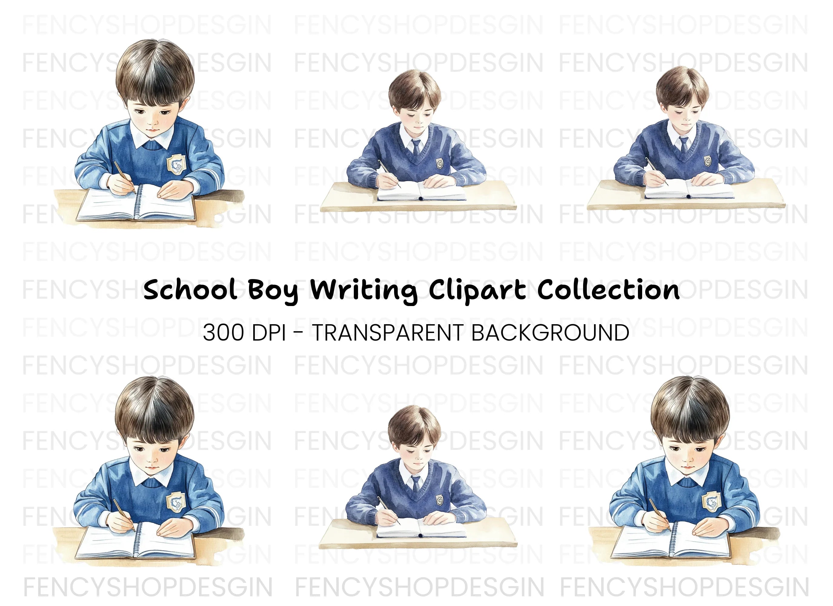 Boys Studying at Desk Clipart Bundle