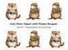 Cute Otters Holding Flower Bouquets Clipart Bundle