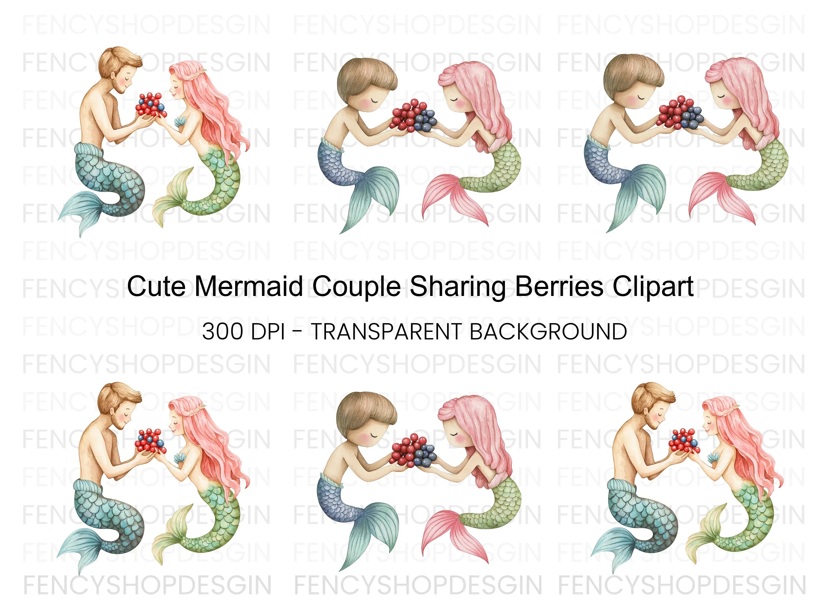 Sweet Mermaid Couple with Berries Clipart Bundle