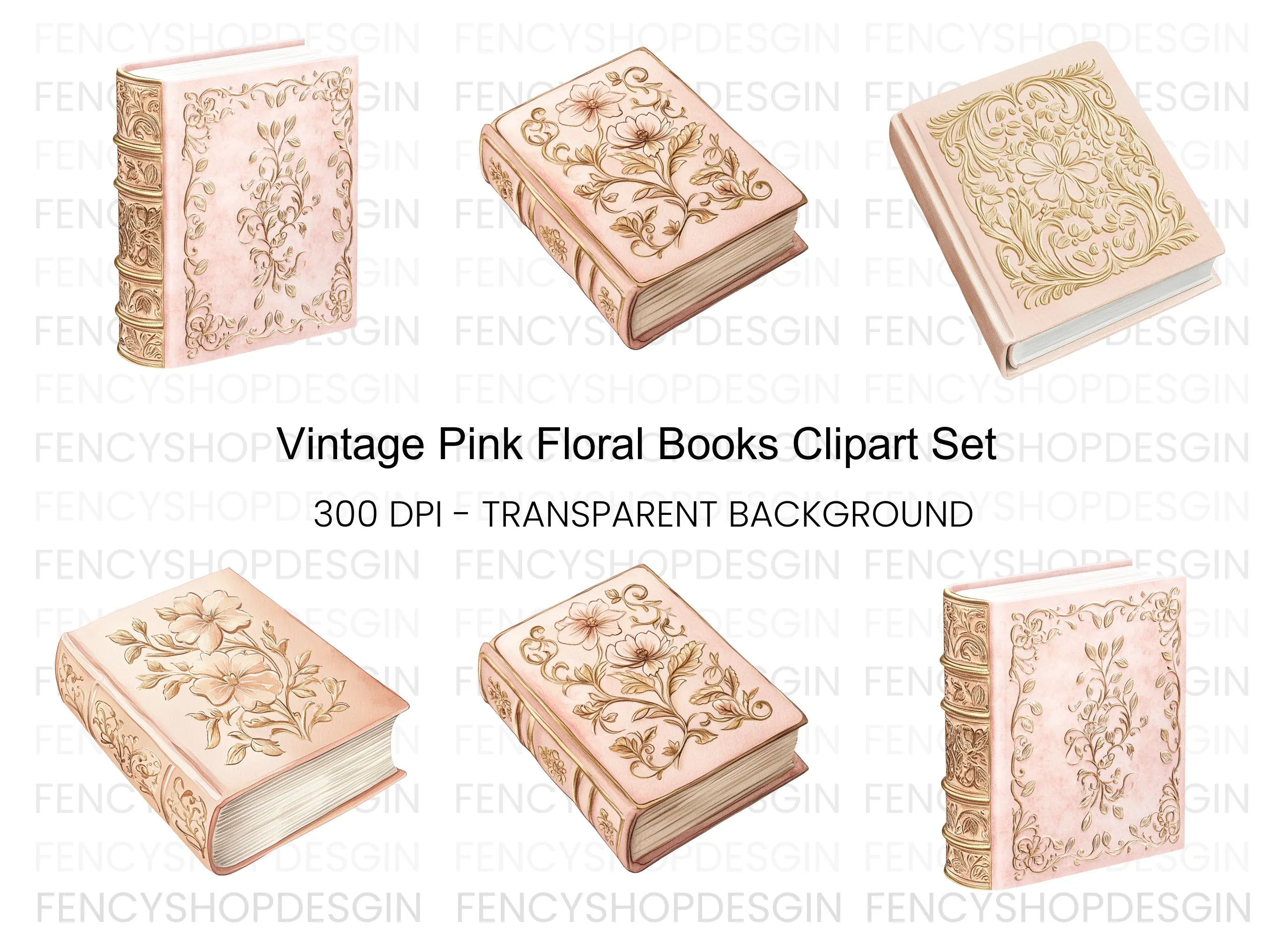 Ornate Pink and Gold Book Clipart Bundle