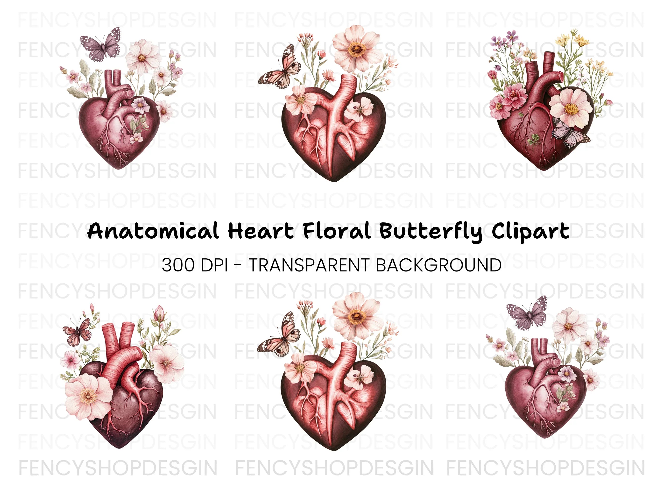 Floral Anatomical Heart Clipart Bundle