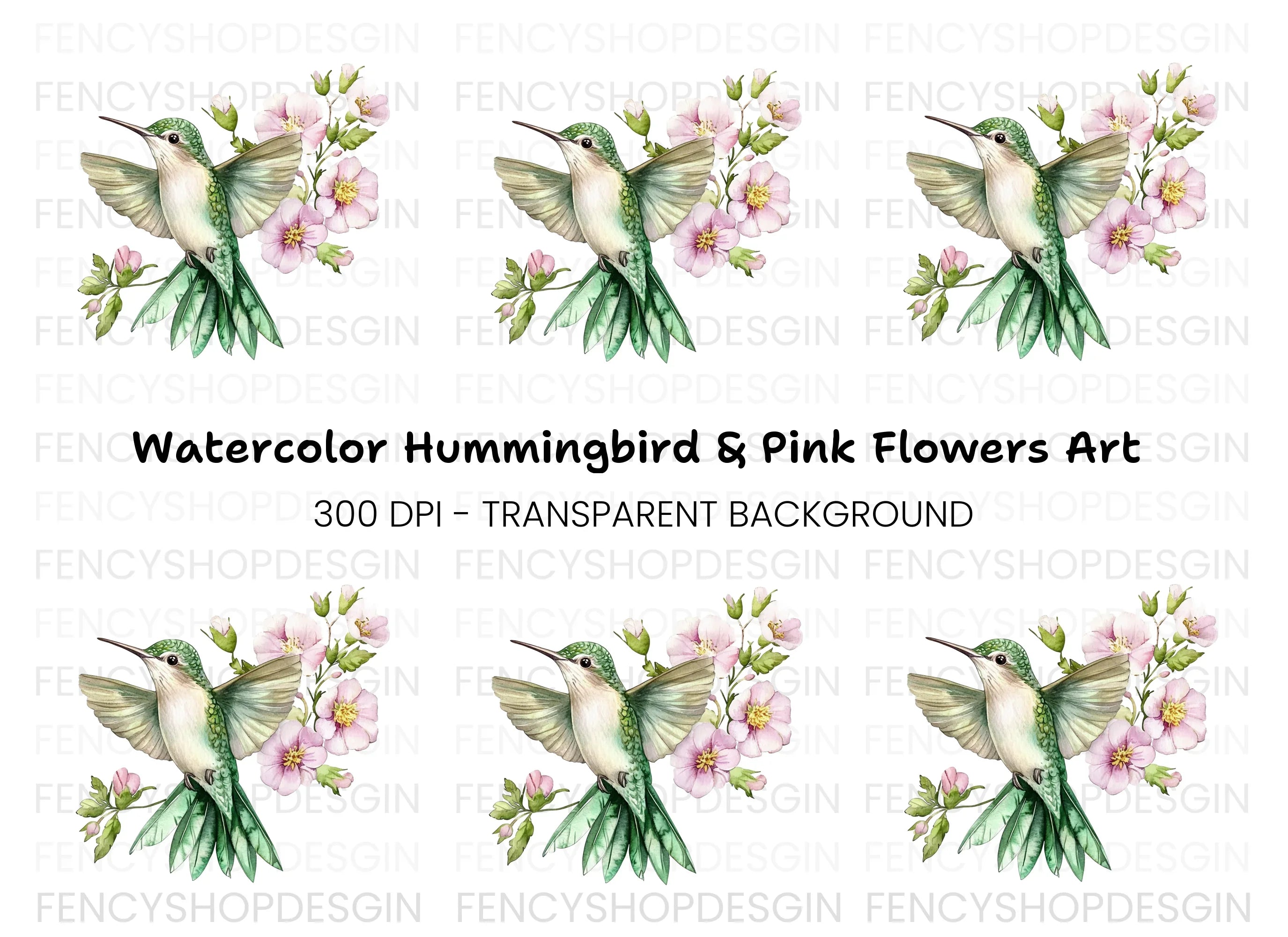 Hummingbird and Pink Flowers Clipart Bundle
