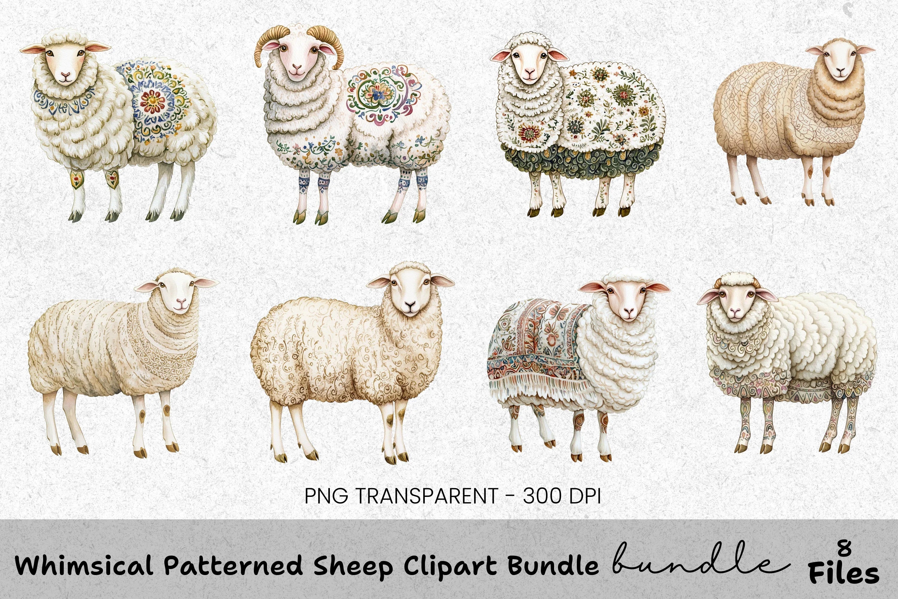 Whimsical Patterned Sheep Clipart Bundle