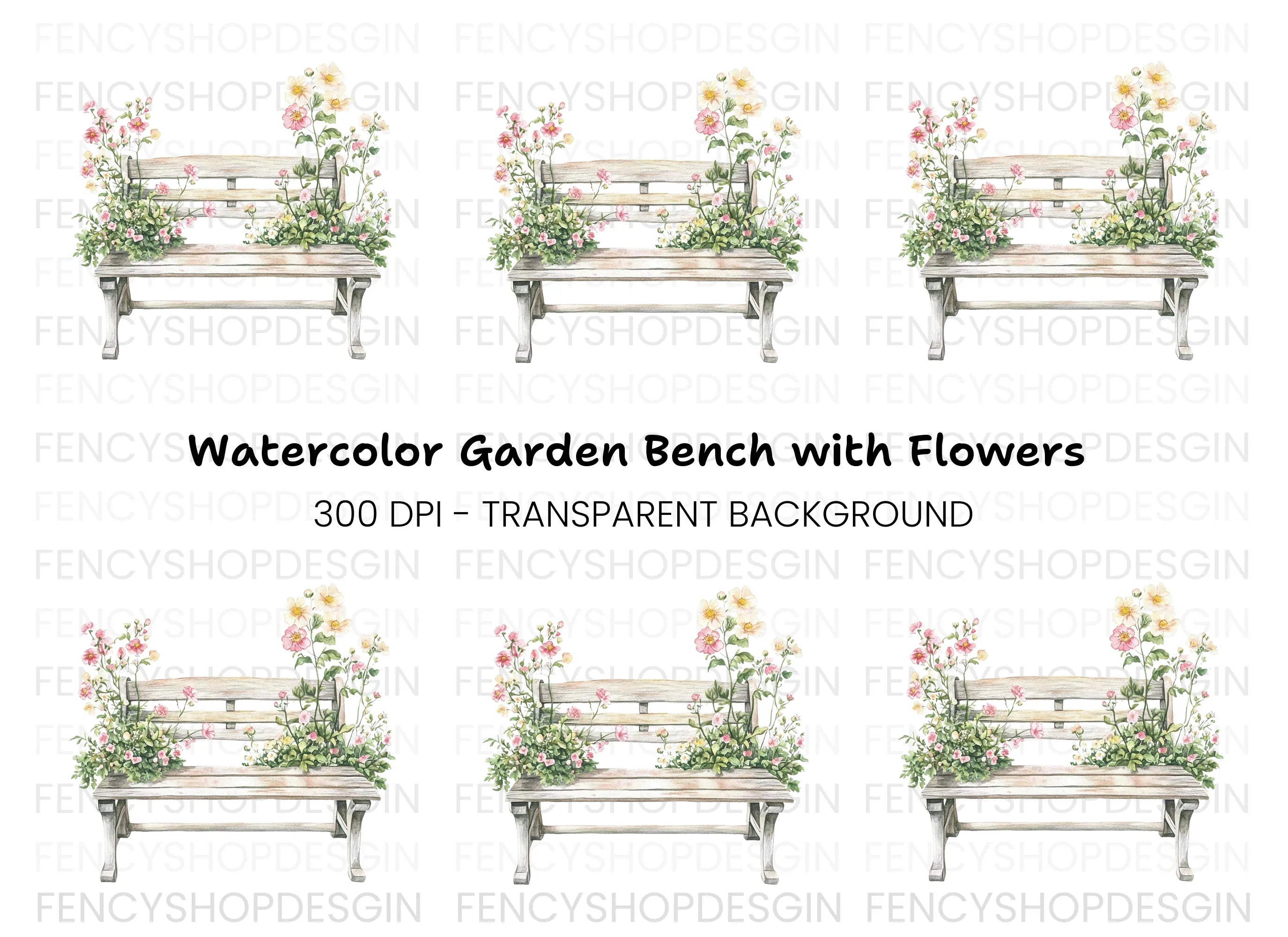 Bench with Pink Flowers Clipart Bundle