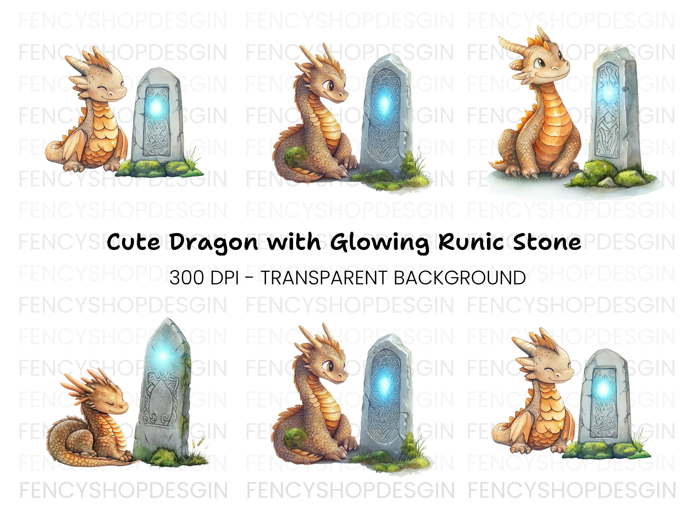 Cute Baby Dragon and Magic Stone Clipart Bundle