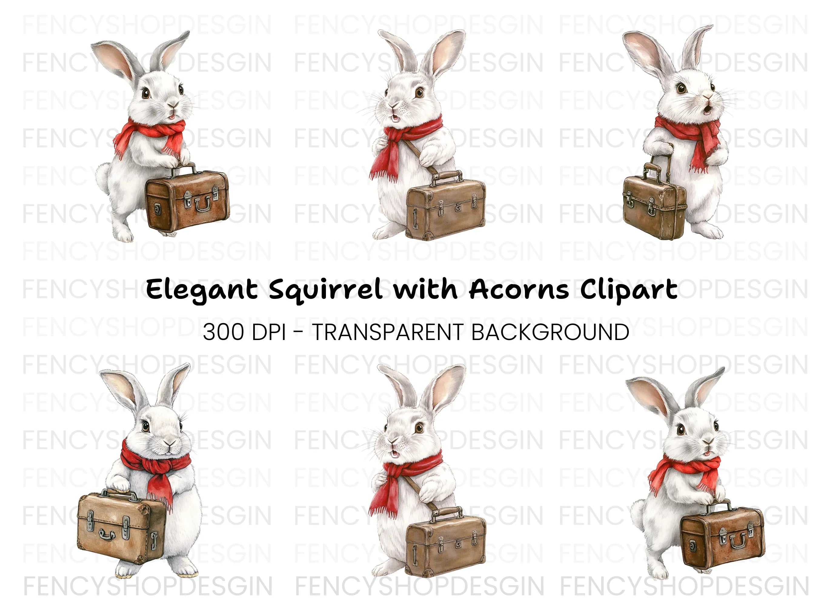 White Rabbit with Scarf and Suitcase Clipart Bundle
