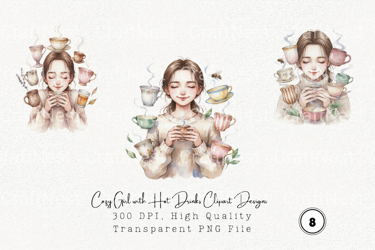 Cozy Girl With Hot Drinks Designs Clipart Bundle