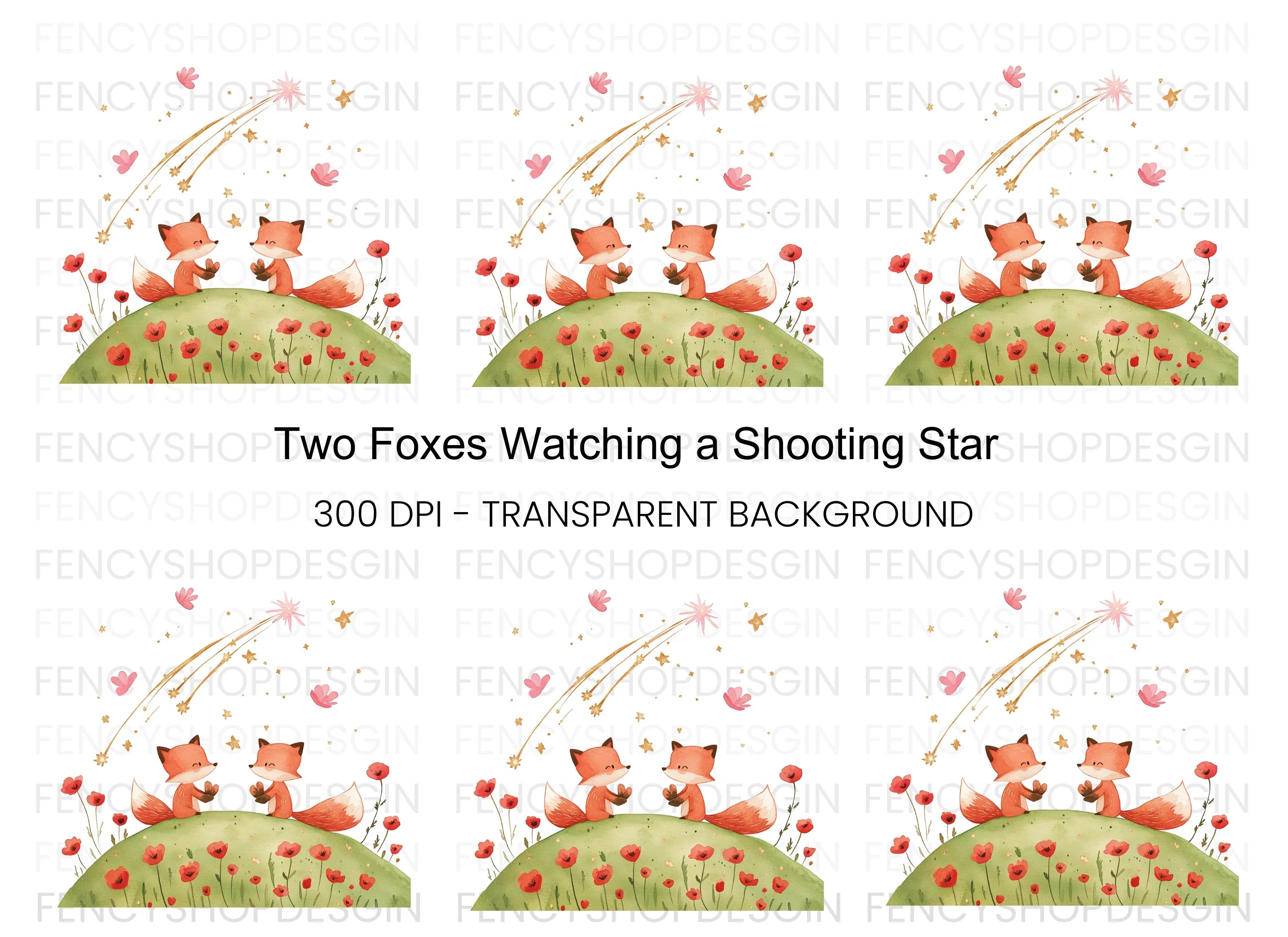 Cute Foxes Under Shooting Star Clipart Bundle