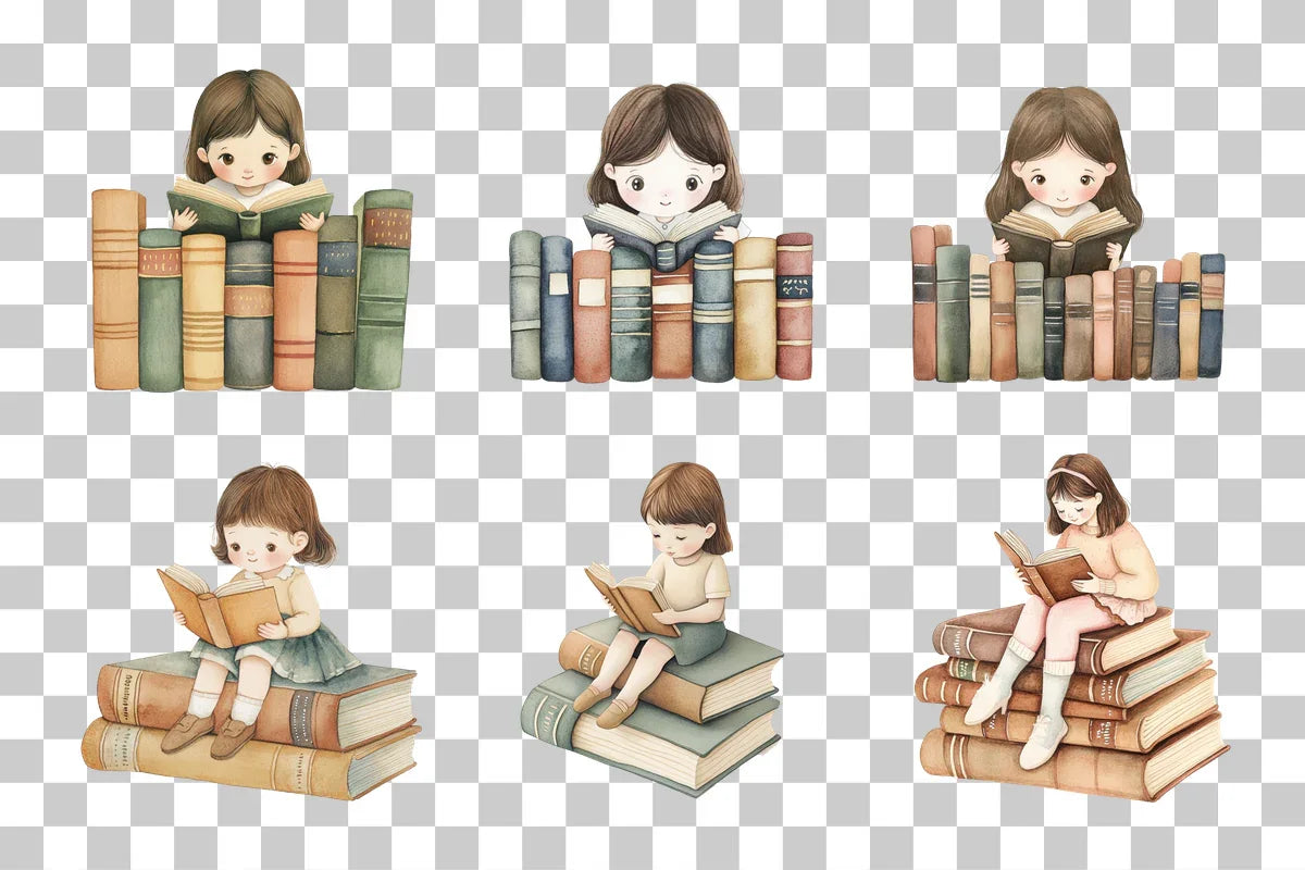Girl Reading on Book Stack Clipart Bundle - CraftNest - Digital Crafting and Art