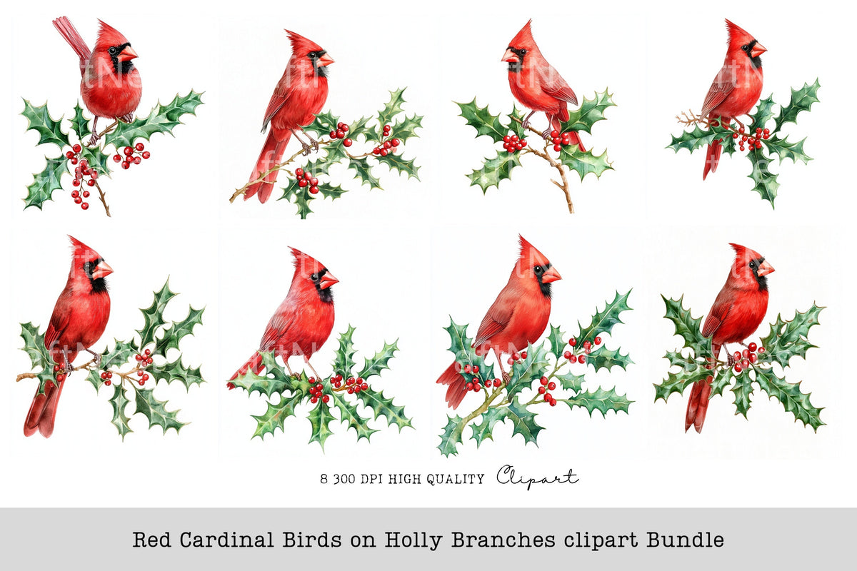 Red Cardinal Birds On Holly Branches Clipart Bundle