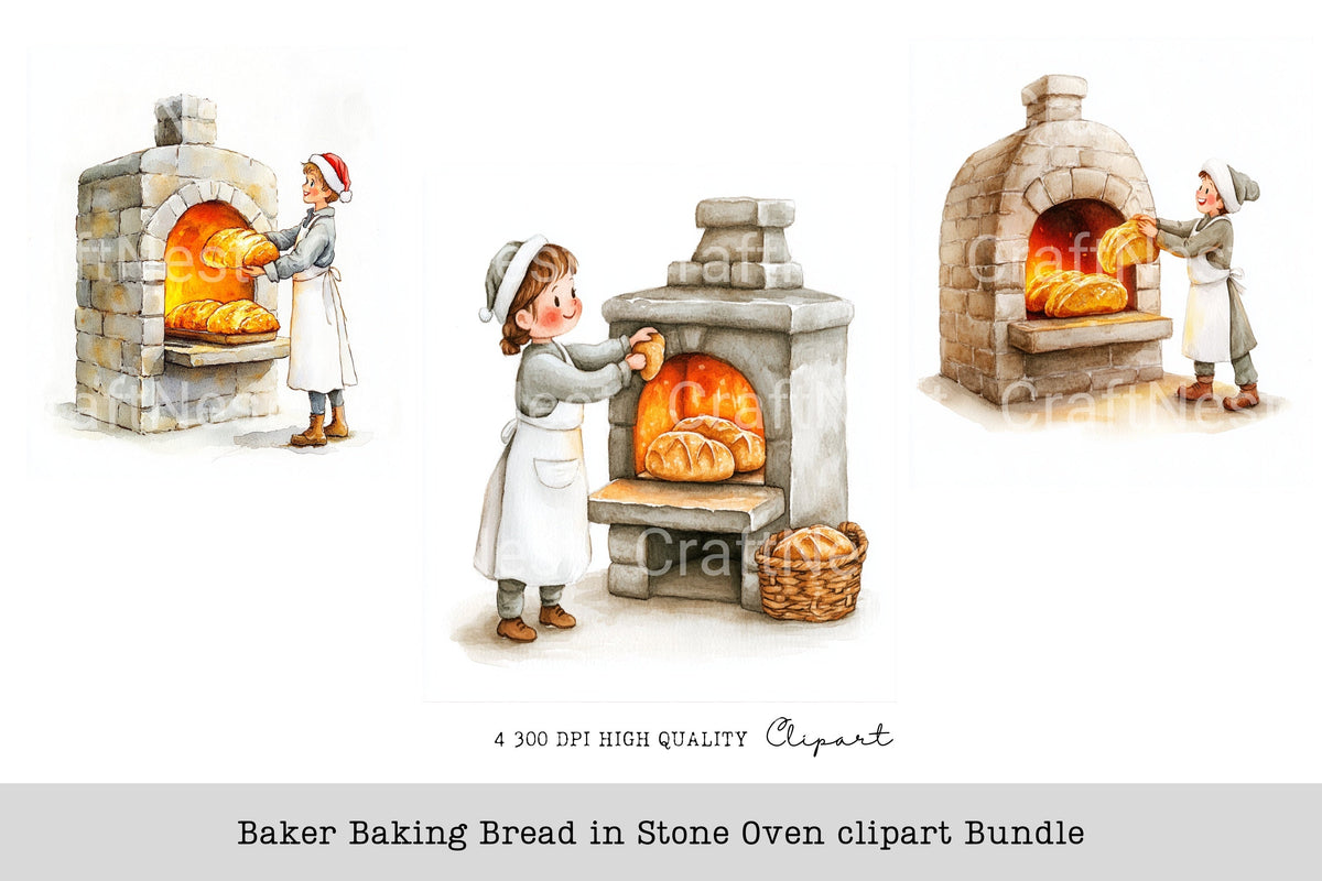 Baker Baking Bread In Stone Oven Clipart Bundle