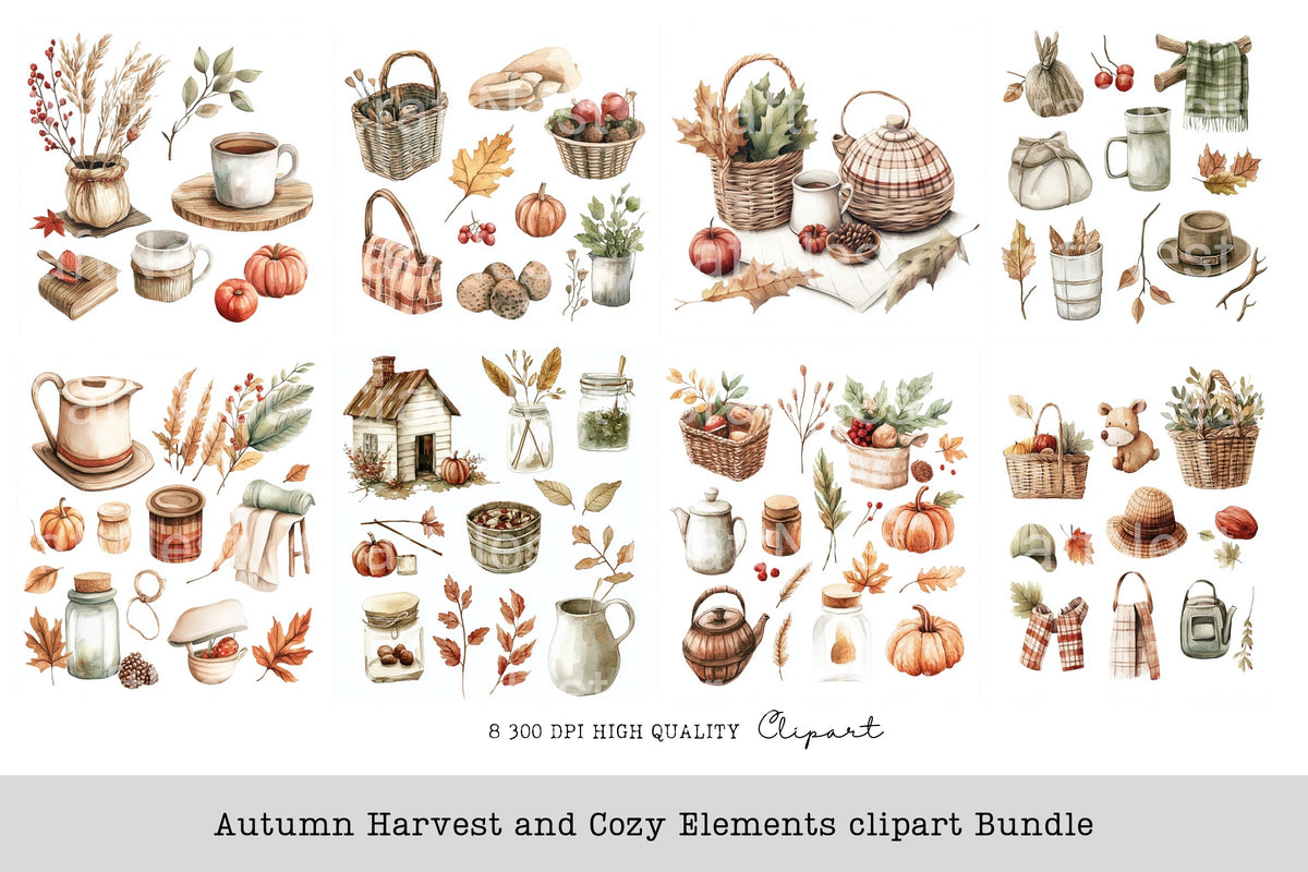 Autumn Harvest And Cozy Elements Clipart Bundle