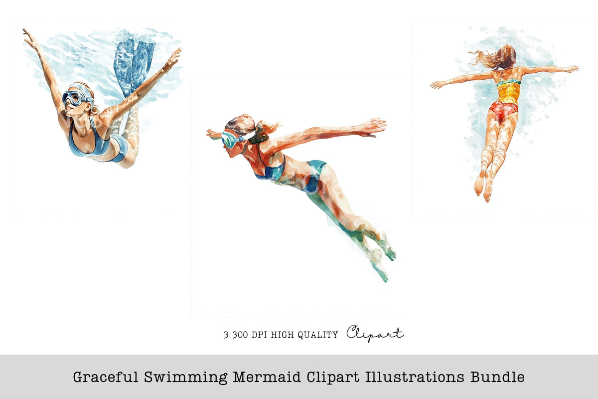 Graceful Swimming Mermaid Illustrations Clipart Bundle