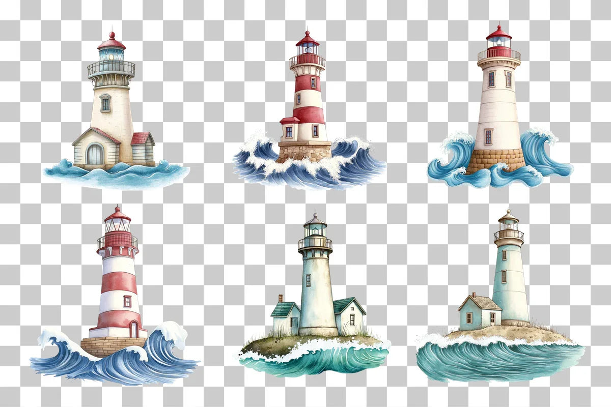 Folk Art Lighthouse and Waves Clipart Bundle - CraftNest - Digital Crafting and Art