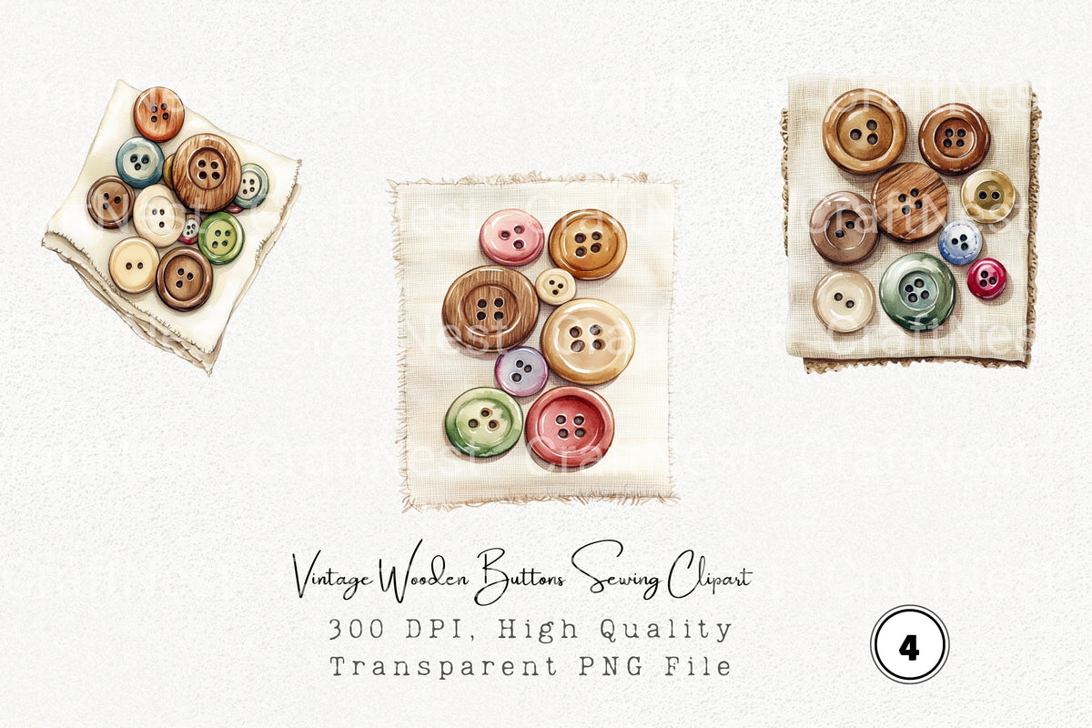 Vintage Wooden Buttons Sewing Clipart Bundle