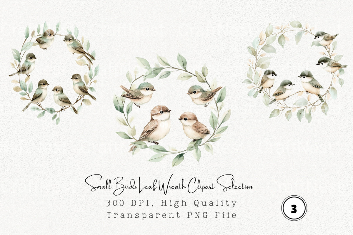 Small Birds Leaf Wreath Selection Clipart Bundle