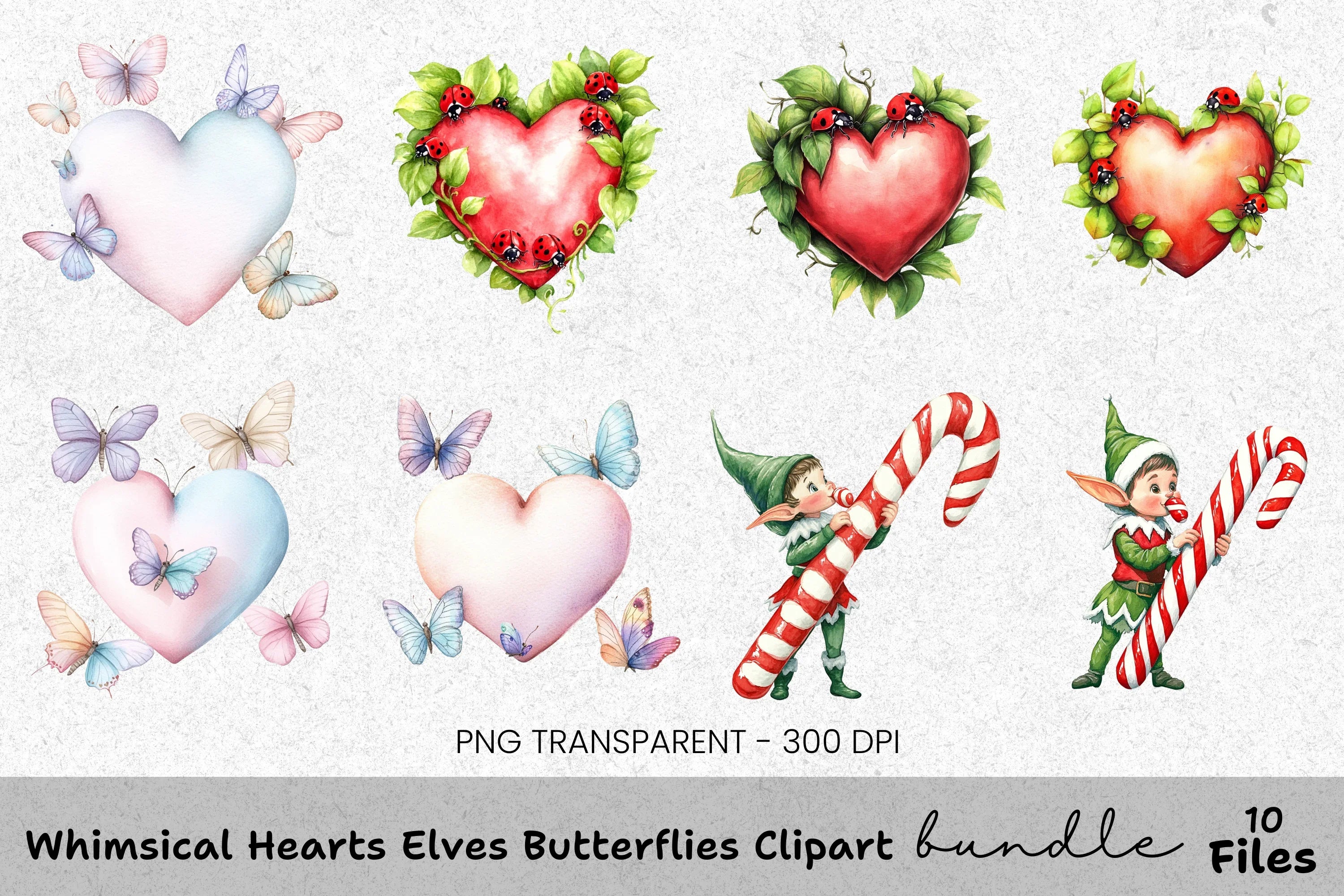 Whimsical Hearts Elves Butterflies Clipart Bundle