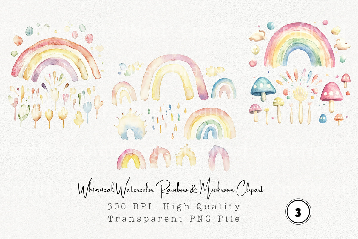 Whimsical Rainbow Mushroom Clipart Bundle
