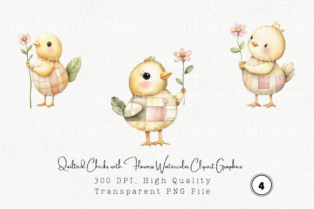 Quilted Chicks With Flowers Graphics Clipart Bundle
