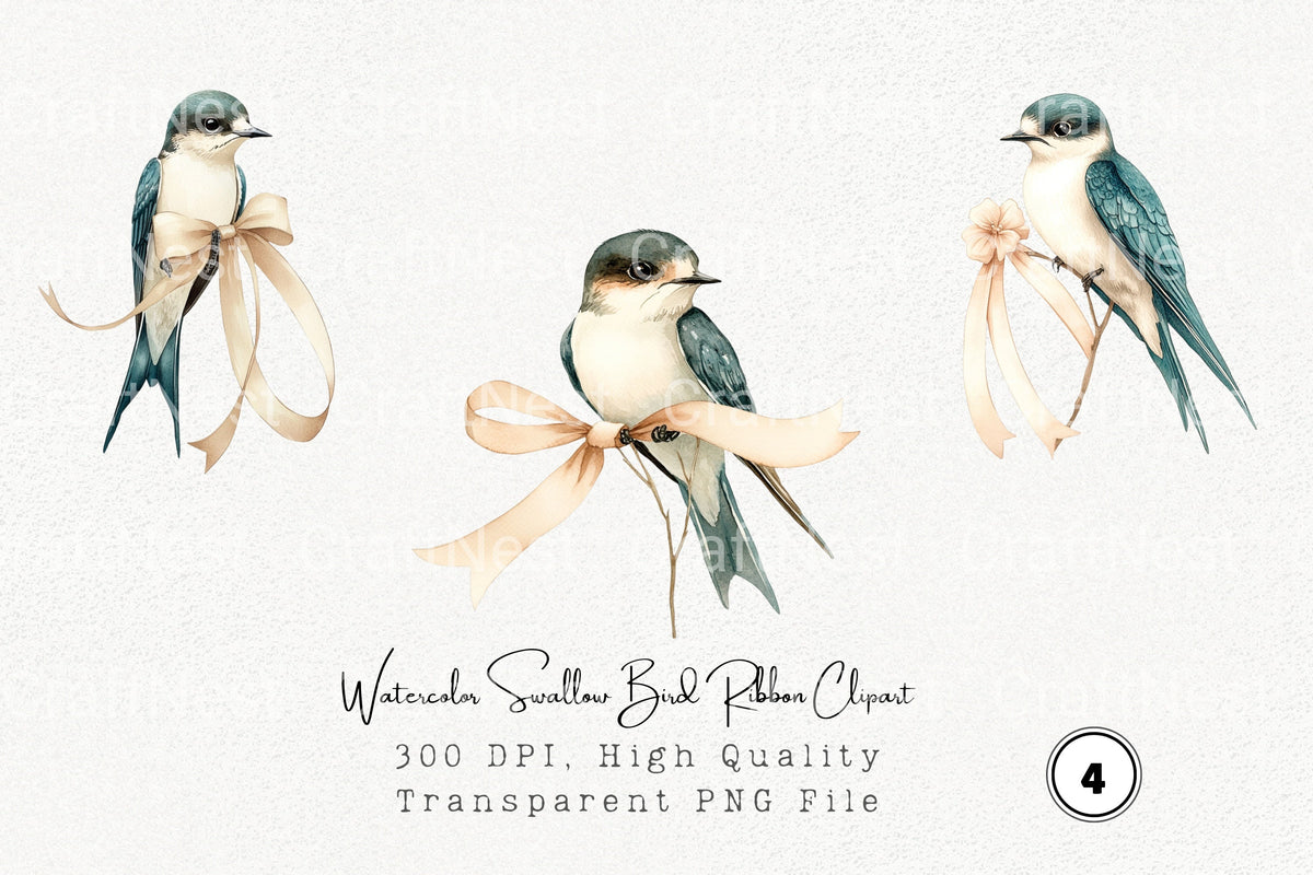 Swallow Bird Ribbon Clipart Bundle