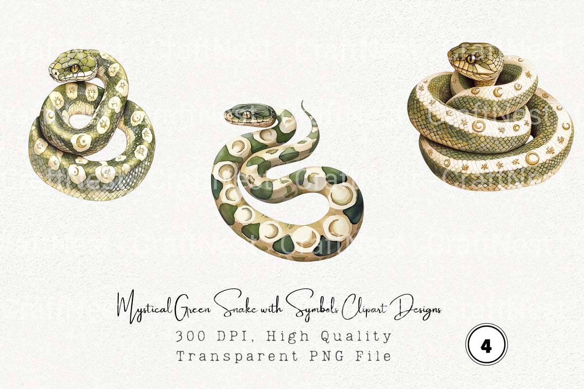 Mystical Green Snake With Symbols Designs Clipart Bundle