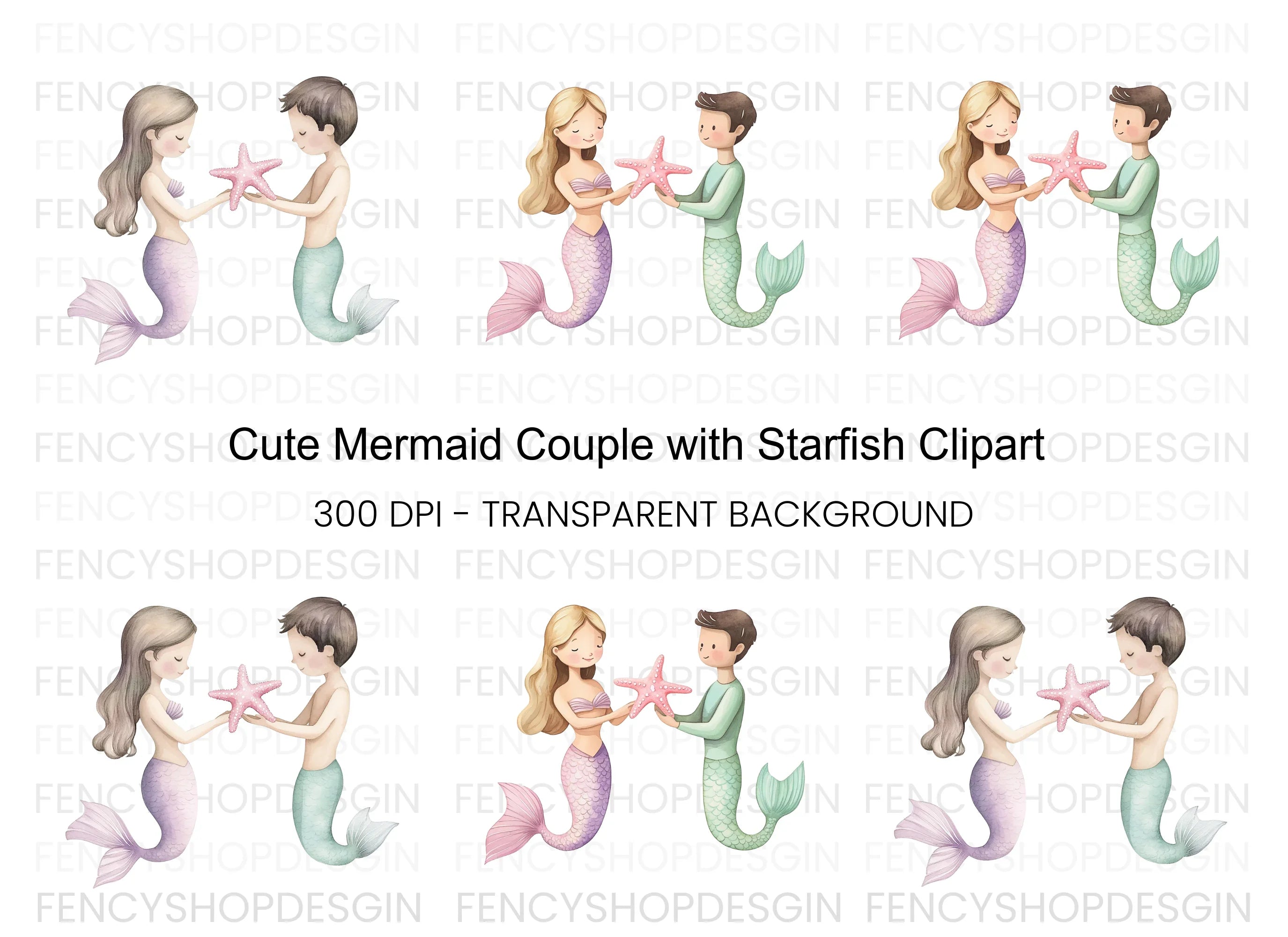 Mermaid and Merman Starfish Clipart Bundle