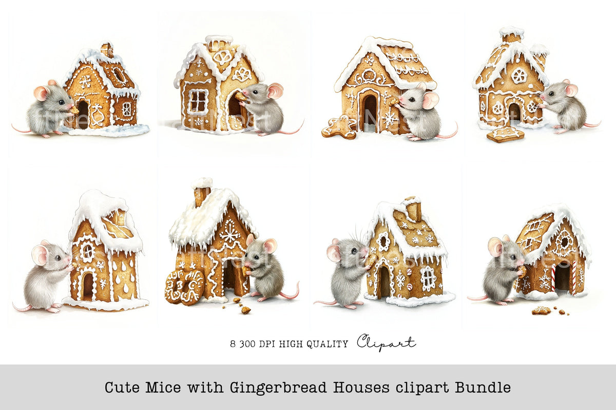 Cute Mice With Gingerbread Houses Clipart Bundle