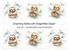 Happy Sloth with Dragonflies Clipart Bundle