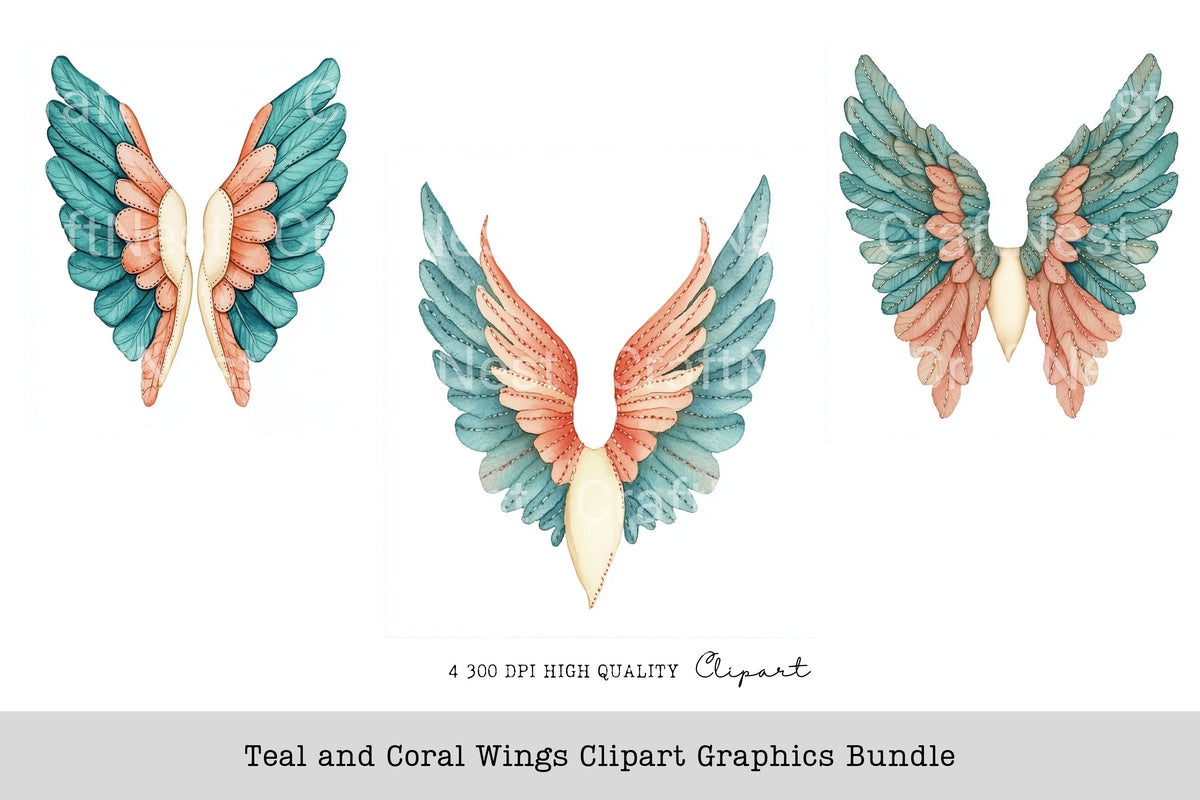 Teal And Coral Wings Graphics Clipart Bundle