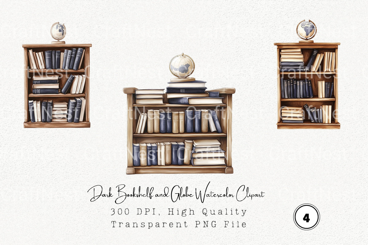 Dark Bookshelf And Globe Watercolor Clipart Planner