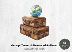 Vintage Travel Suitcases with Globe Clipart Bundle - CraftNest - Digital Crafting and Art