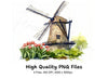 Windmill with Pink Tulips Clipart Bundle