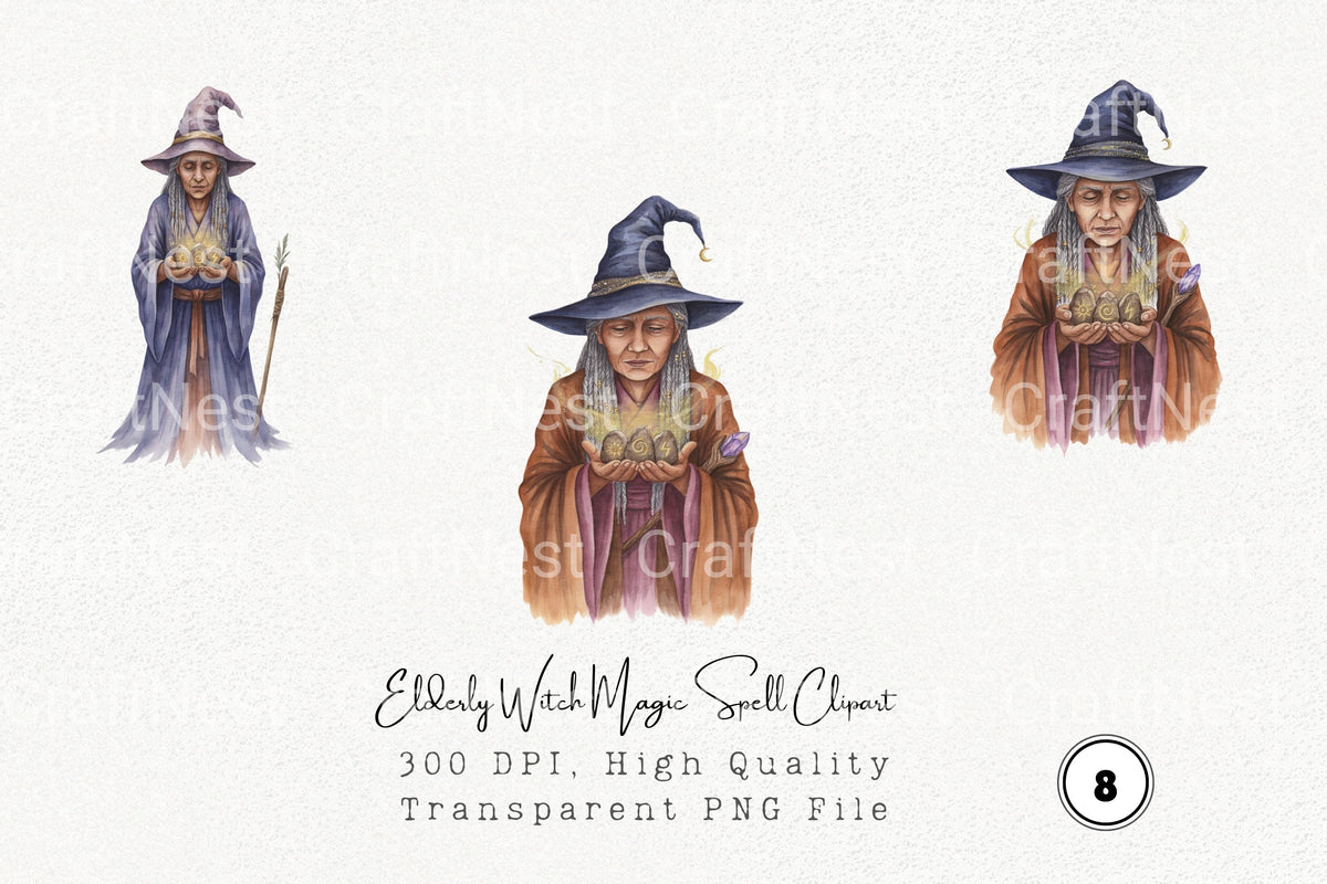 Elderly Witch Magic Spell Clipart Bundle