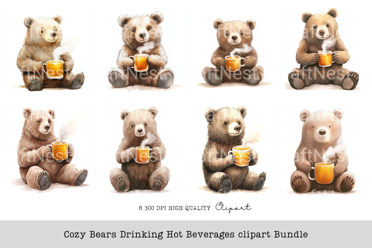 Cozy Bears Drinking Hot Beverages Clipart Bundle