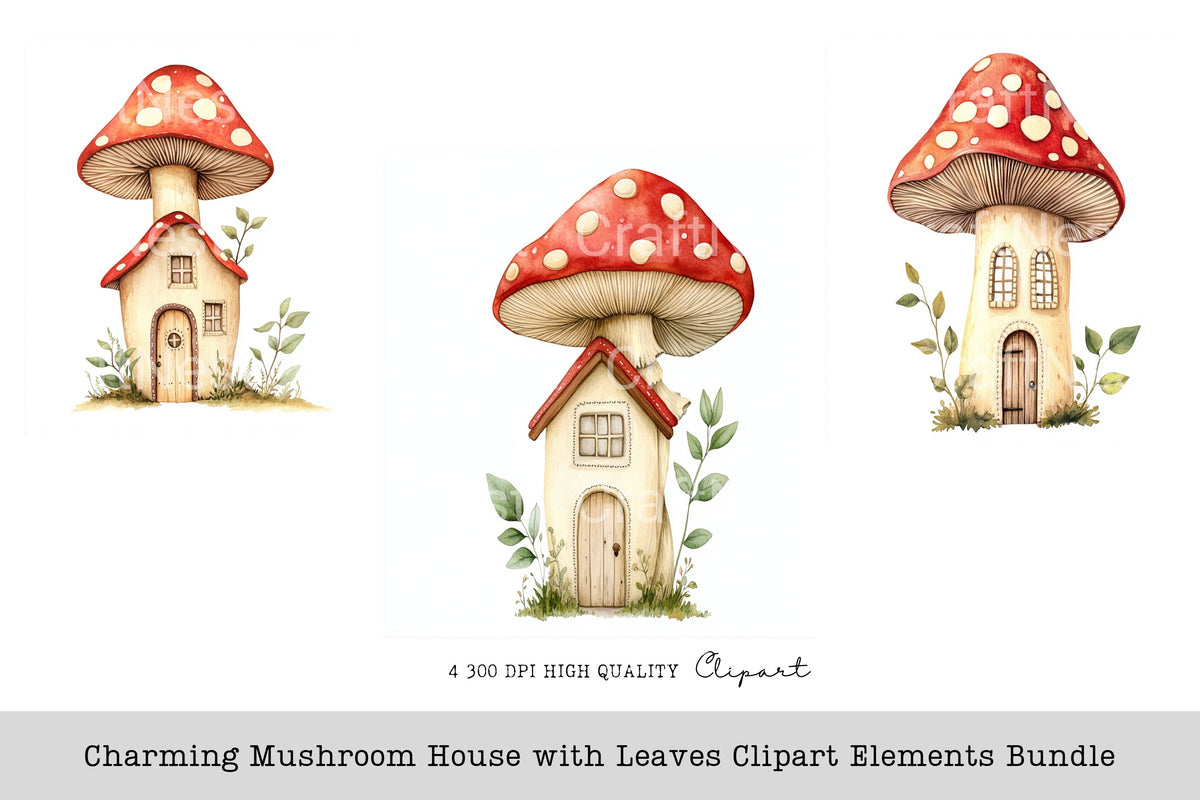 Charming Mushroom House With Leaves Elements Clipart Bundle
