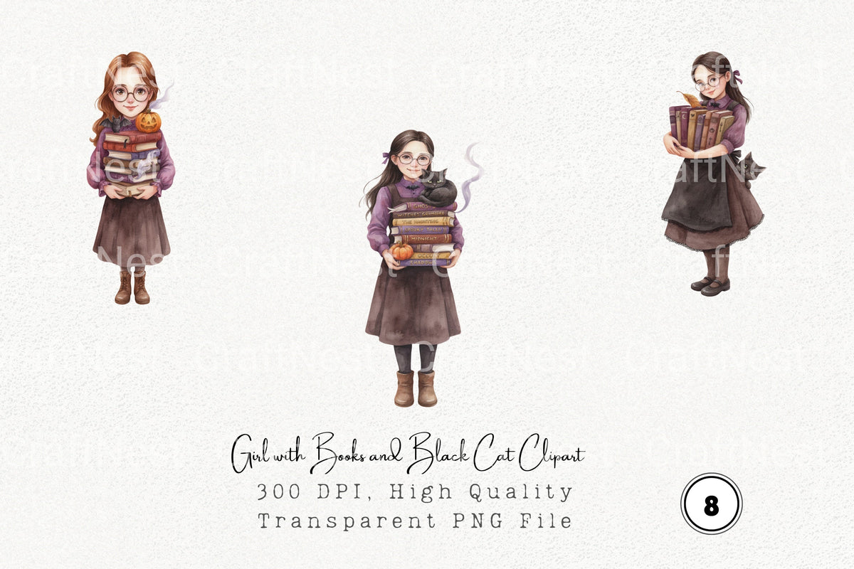 Girl With Books And Black Cat Clipart Planner