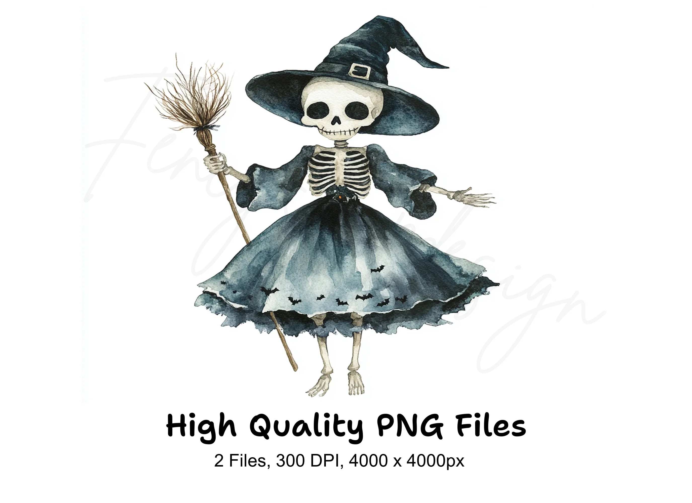 Cute Skeleton Witch with Broom Clipart Bundle