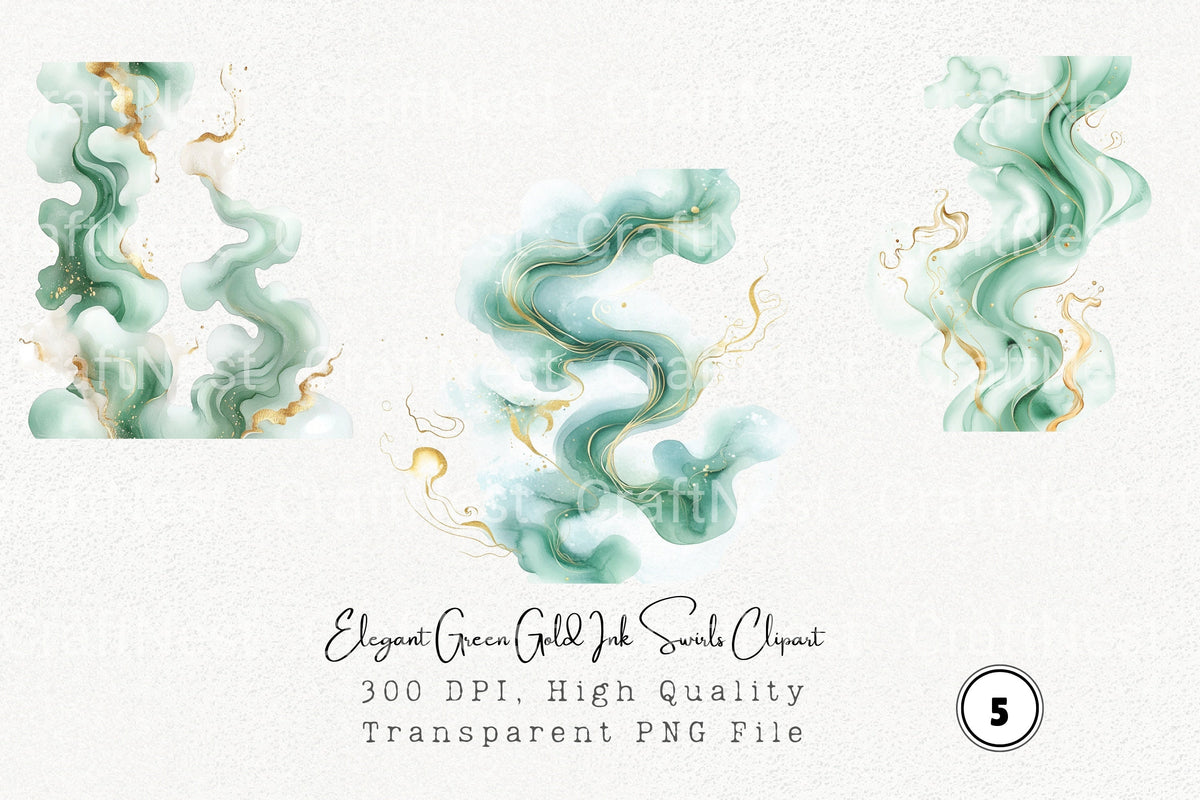 Elegant Green Gold Ink Swirls Clipart Bundle