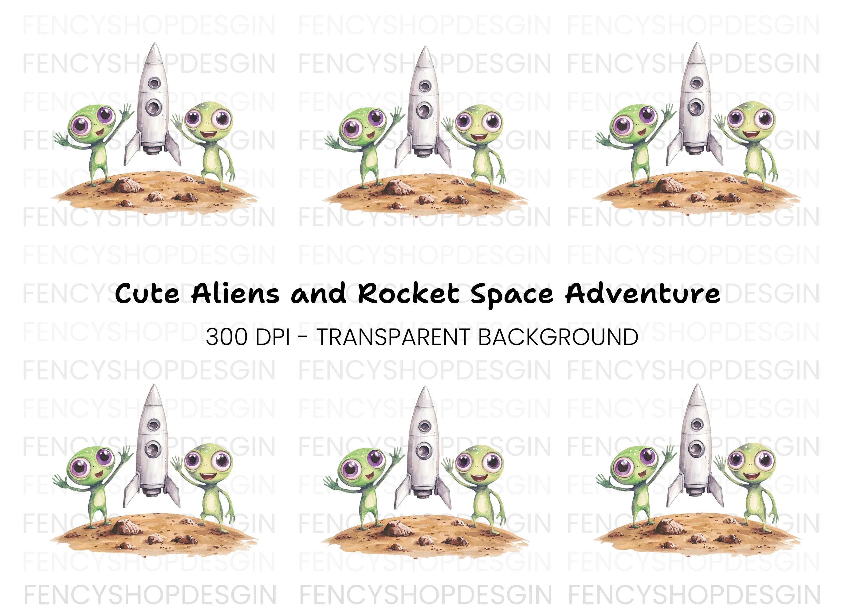 Cute Aliens and Rocket Ship Clipart Bundle
