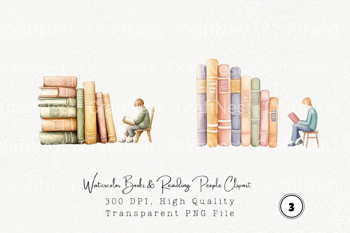 Watercolor Books Reading People Clipart Planner