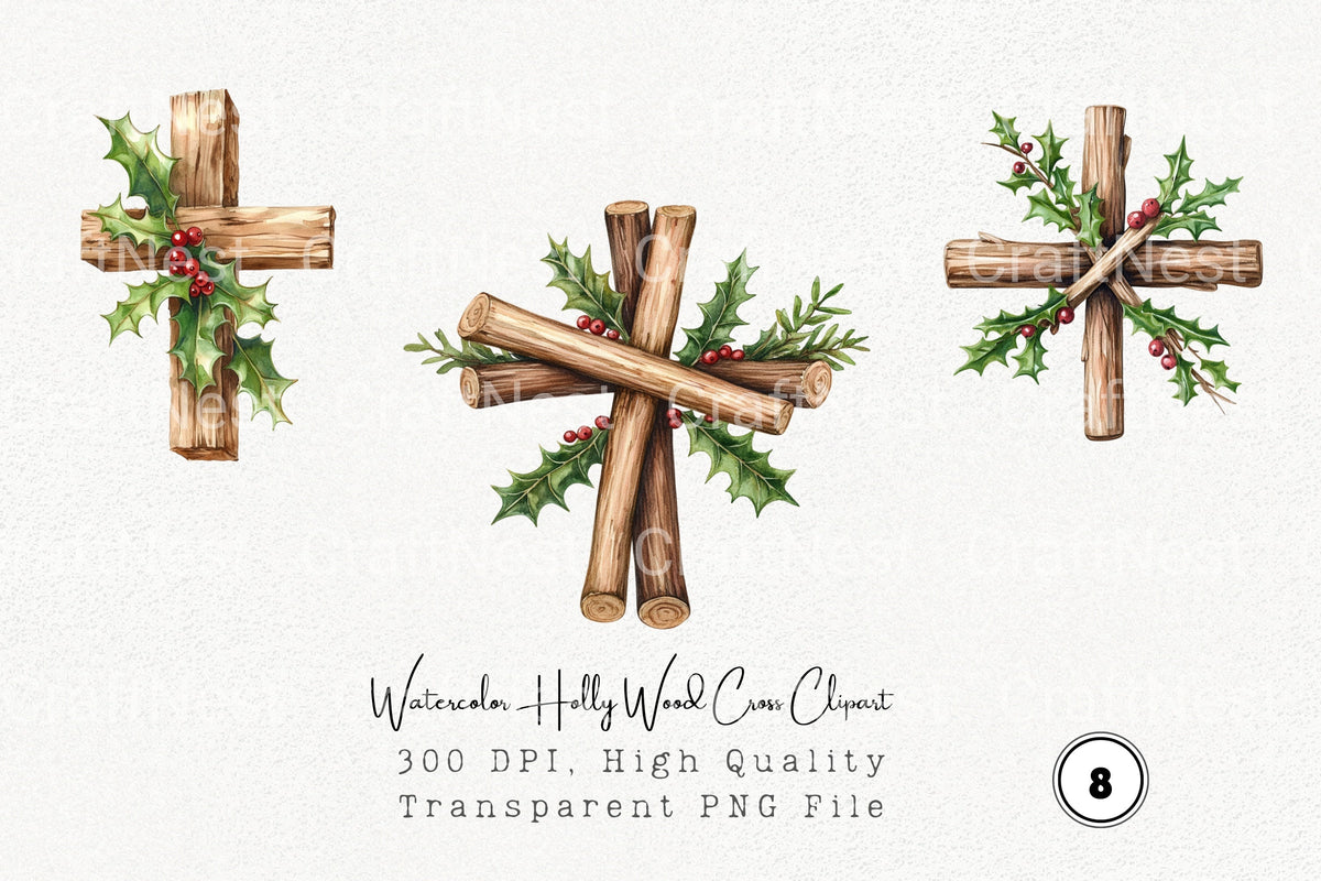 Holly Wood Cross Clipart Bundle