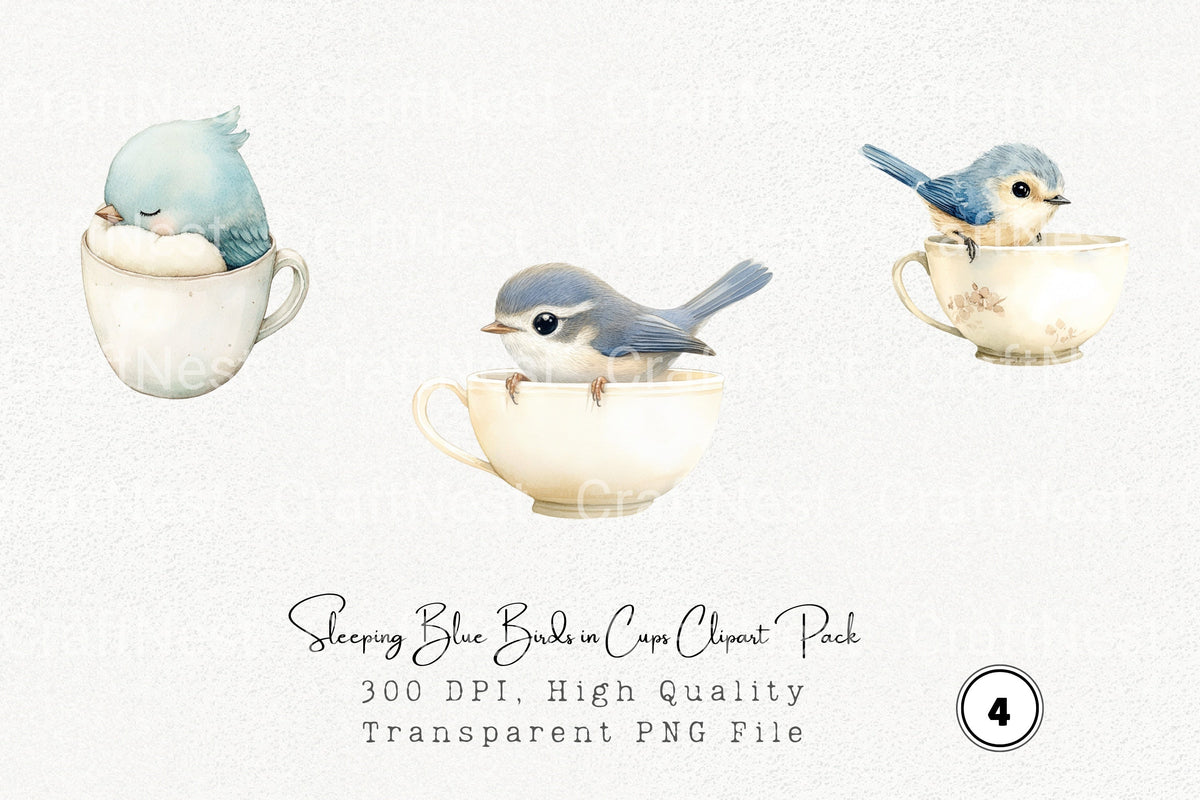 Sleeping Blue Birds In Cups Clipart Bundle