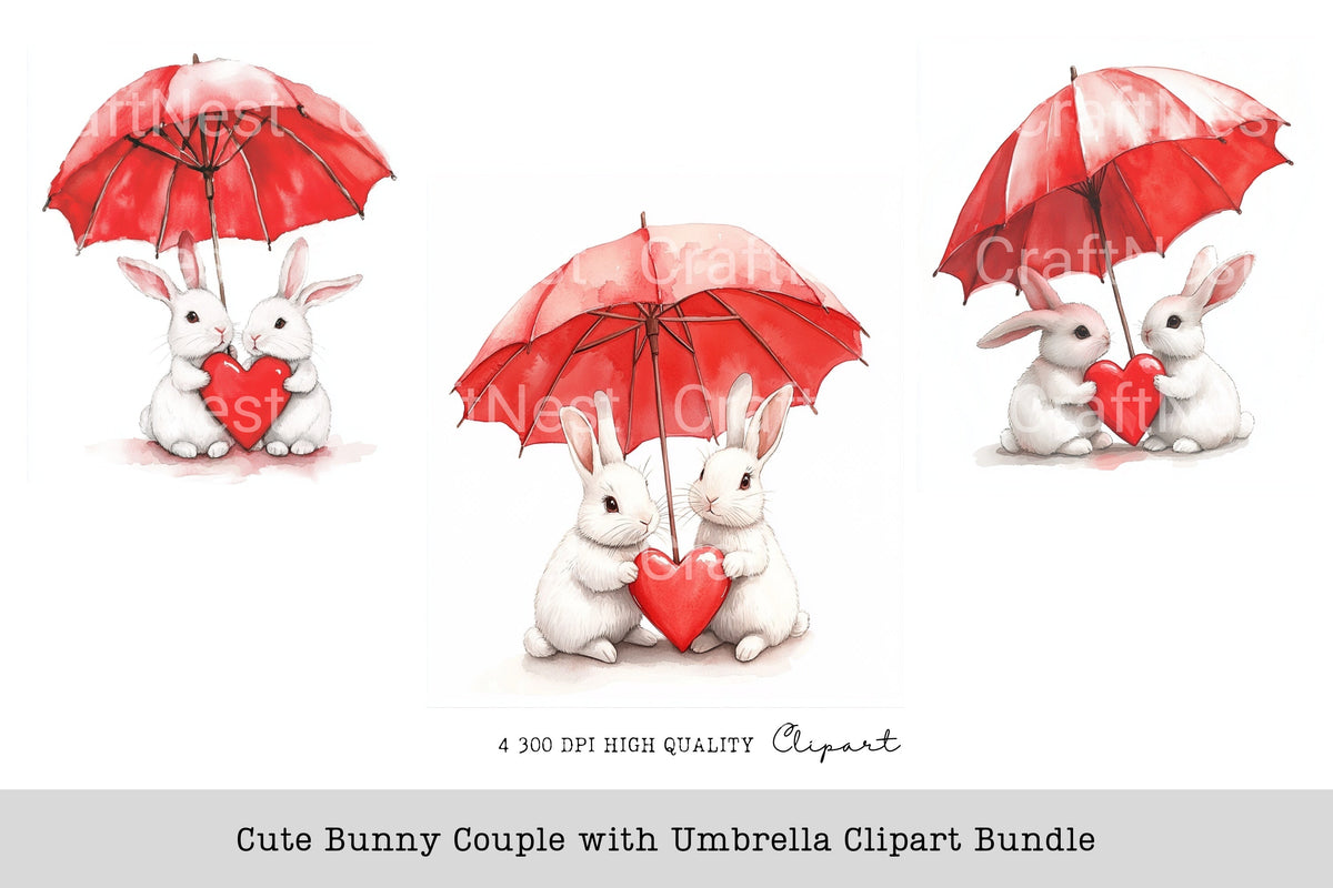 Cute Bunny Couple With Umbrella Clipart Bundle