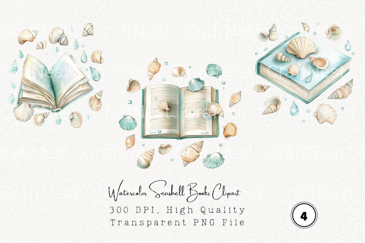 Watercolor Seashell Books Clipart Planner