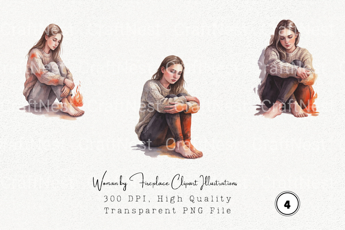 Woman By Fireplace Illustrations Clipart Bundle