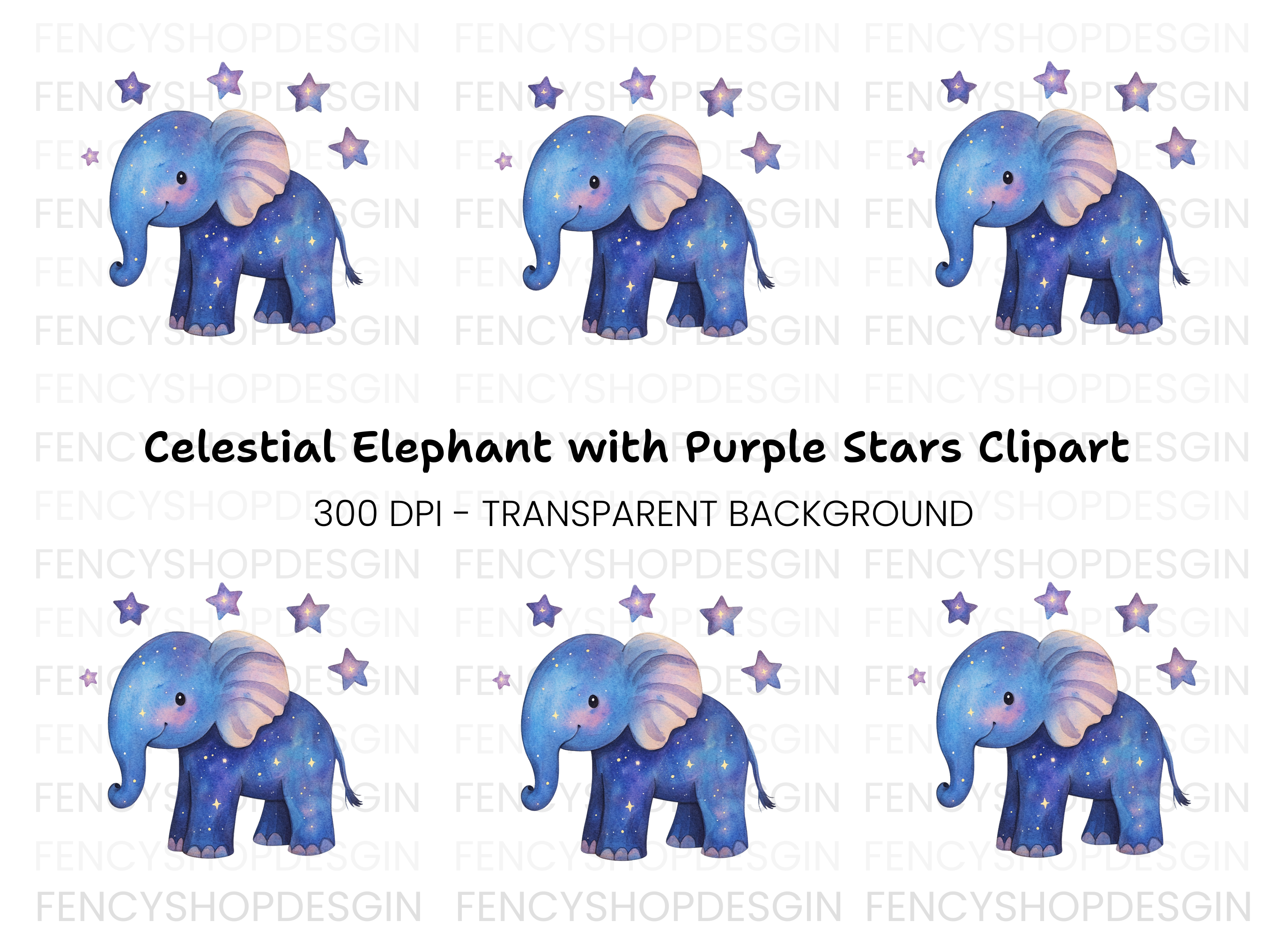 Galaxy Elephant with Stars Clipart Bundle