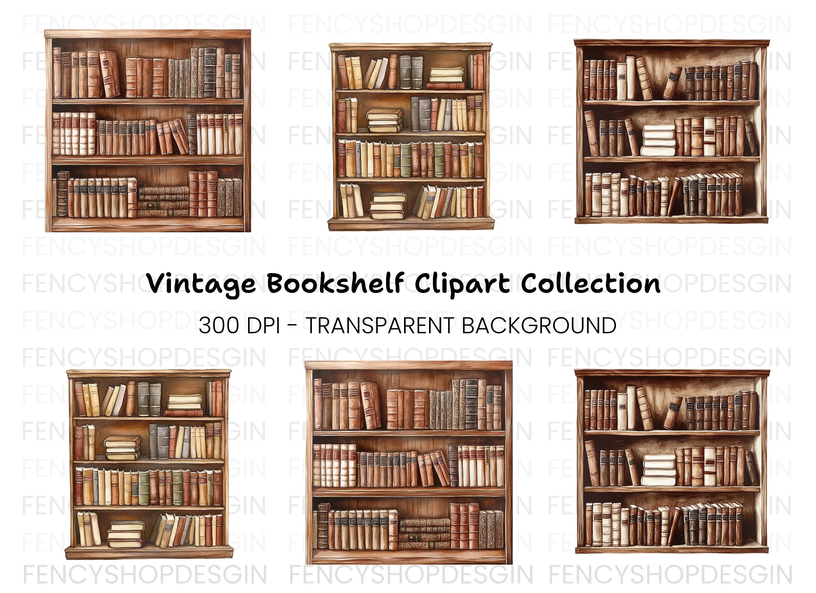 Vintage Bookshelf Clipart Bundle